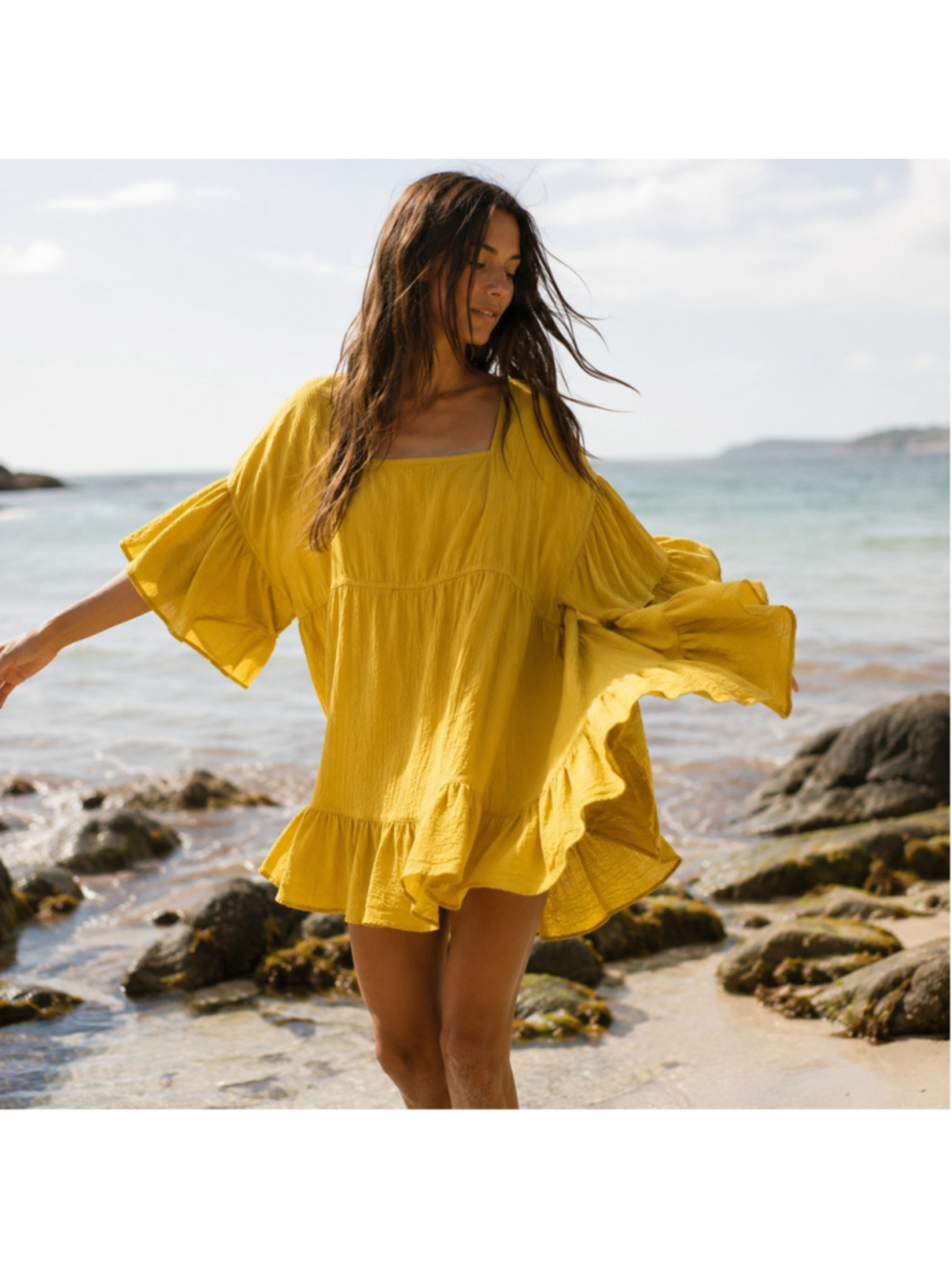 Free People Beach El Mar Square Neck Oversized Pullover Dress Yellow Sz S